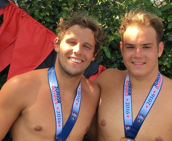 Tigers Nathan Olson (left) and Calvin Rhoads were part of a valley team to participate in Junior Olympics Water Polo in San Jose.